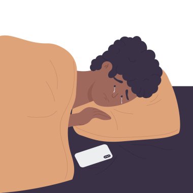 Ağlayan çocuk yatakta yatıyor. Üzgün genç, depresyon durumu ve üzgün duygu vektör çizimi