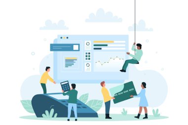 Yönetim, analiz ve finansal yatırımların gelişimi, para birimi piyasası. Çizgi filmlerdeki küçük iş adamları kredi kartı ve hesap makinesi taşıyorlar POS terminal düz vektör çizimi kullanıyorlar. Ekonomi kavramı
