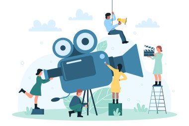 Video kaydı, sinema üretimi. Clapperboard ve kameralı çizgi film karakteri düz vektör çizimi yapan profesyonel bir takım. Videografi, sinematografi konsepti