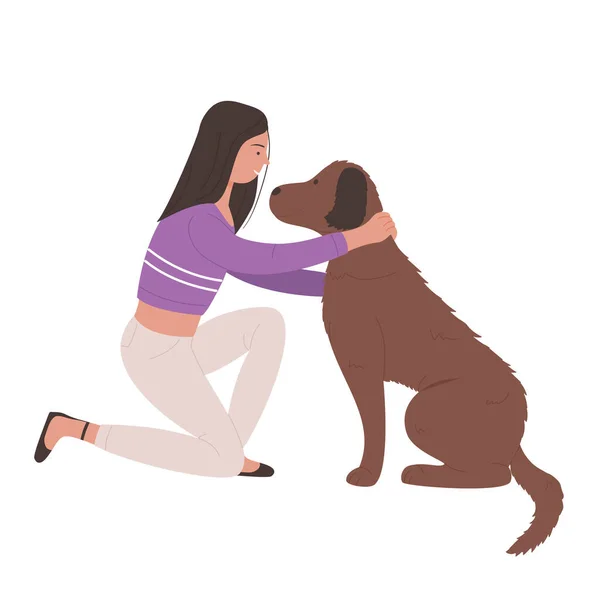 女の子は国内犬を抱きかかえて膝の上に座っている ペット漫画ベクトルイラストと愛情と暖かい関係 — ストックベクタ