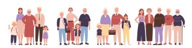 Büyük aile portresi vektör çizimi. Bir arada duran yaşlı ve genç akrabalardan oluşan bir çizgi film grubu. Büyükbaba ve büyükanne, ebeveynler ve çocuklar beyazlar üzerinde izole edilmiş. Nesil, aşk konsepti
