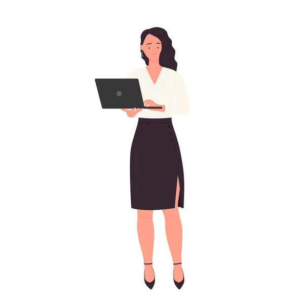 Businesswoman Holding Laptop Standing Manager Vector Illustration — Stock Vector