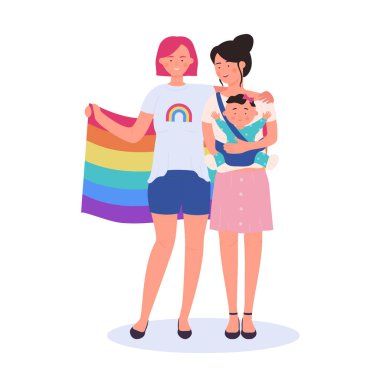 Evlatlık çocuklu gülümseyen lezbiyen çift. Cinsiyet ve cinsiyet eşitliği lgbt hakları çizgi film vektör çizimi