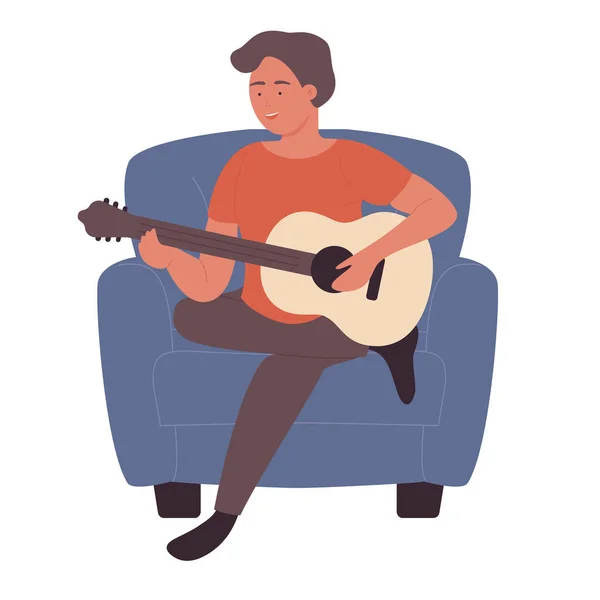 Joli Garçon Jouant Guitare Dans Des Fauteuils Confortables Pratiquer Musique — Image vectorielle