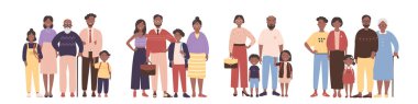 Afrika aile portresi vektör çizimi. Farklı yaşlarda mutlu insanlar çizgi filmlerde yan yana durur. Büyükbabalar, torunlar, çocuklar ve yetişkinler beyazlar içinde soyutlanır. Etnik konsept