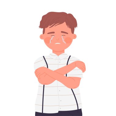 Yalnız ağlayan küçük üzgün çocuk. Yalnızlık ve depresyon, anksiyete sorunları vektör çizimi