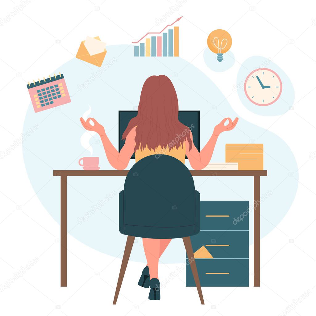 Calm yoga pose of female manager at work. Young multitasking woman sitting at office computer to meditate and control business tasks flat vector illustration. Wellbeing, zen, time management concept