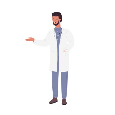 Doktor Adam sunuyor ve selamlıyor. Üniformalı bir tıp çalışanı, klinik bakım vektörü çizimi