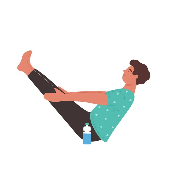 Sportlicher Junge Praktiziert Yoga Hause Tägliche Sportliche Trainingsaktivität Gewohnheit Cartoon — Stockvektor
