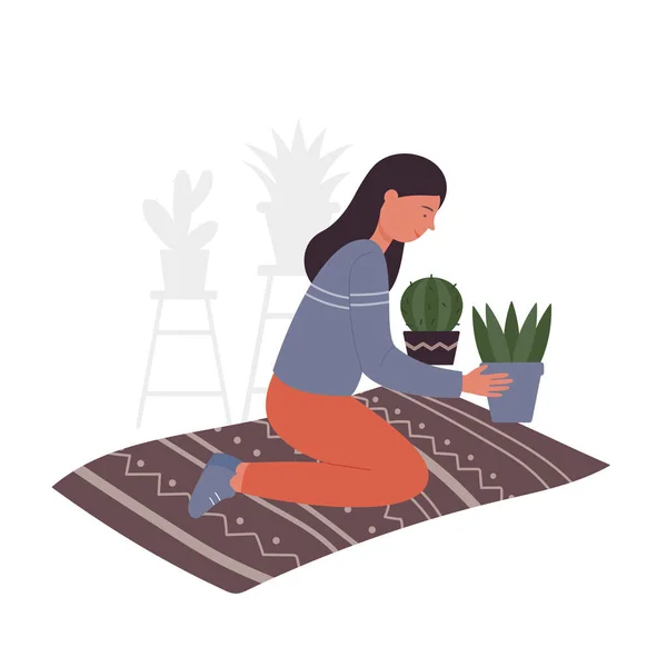 Girl Sitting Mat Taking Care Potted Plants Gardener Lady Caring — Stock Vector