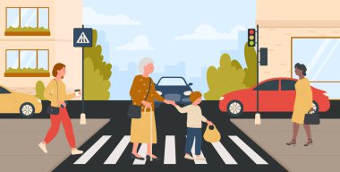 Kamışı olan yaşlı bir kadına nazik bir çocuğun yardım etmesi. Şehir caddesinde trafik ışığı çizimi ile zebrayı çaprazlaması için. Çizgi filmdeki çocuk ve büyükanne yayalar arka planda yürürler. Yaşlılara bakım kavramı