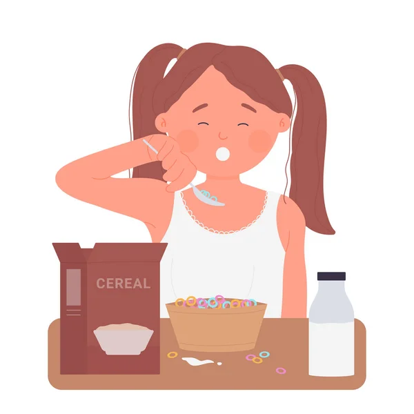 Niña Comiendo Cereales Matutinos Desayuno Granos Saludables Ilustración Vectores Menú — Archivo Imágenes Vectoriales