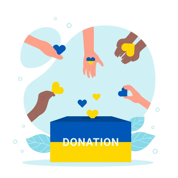 Hands Volunteers Give Hearts Donation Box Yellow Blue Colors Ukrainian — Stock Vector