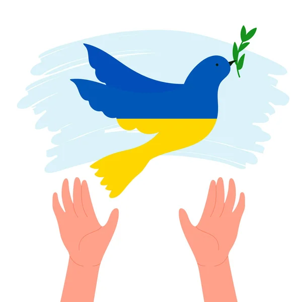 Mains Libérant Colombe Jaune Bleu Couleurs Nationales Drapeau Ukrainien Pigeon — Image vectorielle