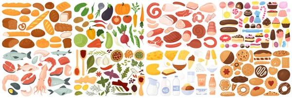 Élelmiszer Készlet Vektor Illusztráció Rajzfilm Gyümölcs Zöldség Hús Pékség Édességek — Stock Vector