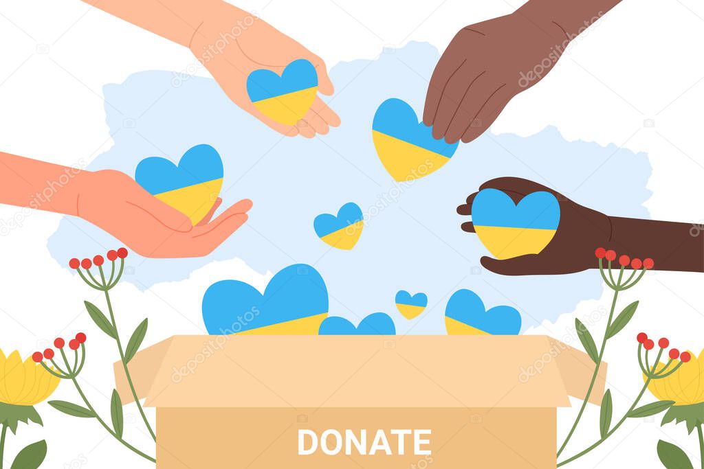 Hands of people donate and help Ukraine to fight humanitarian crisis. Volunteers give hearts with Ukrainian flag to donation box flat vector illustration. Hope, solidarity, aid for refugees concept