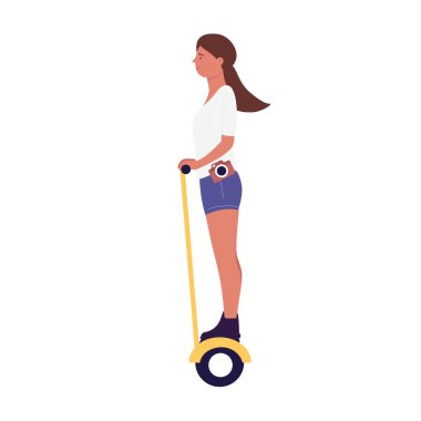 Fotoğraf makinesi olan bir kız tek tekerlekli elektrikli scooter kullanıyor. Hızlı ve ekolojik ulaşım aygıtı karikatür vektör çizimi