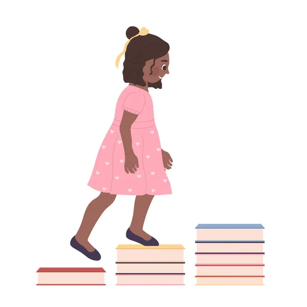 Esmer Tenli Küçük Kız Kitap Yığınlarına Tırmanıyor Çocuk Yetiştirme Eğitim — Stok Vektör