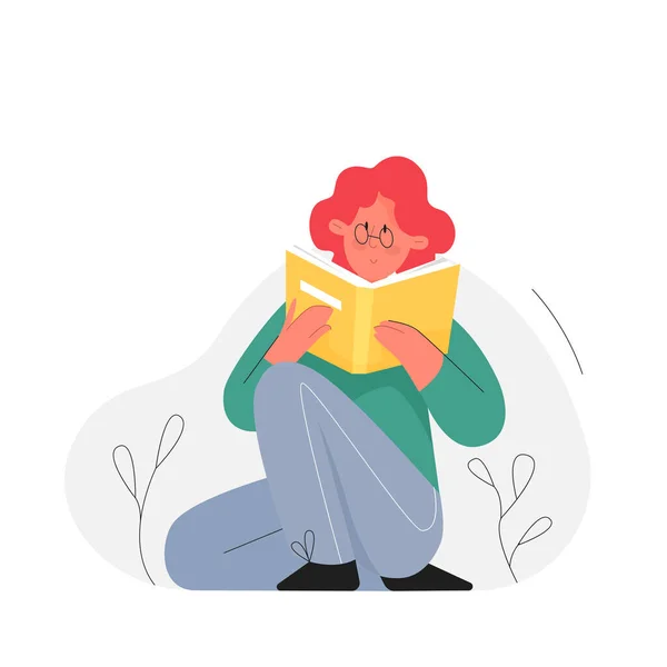 眼鏡をかけた女の子が本を読んで座っている 教育プロセスと知識漫画のベクトル図を得る — ストックベクタ