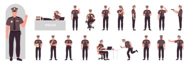 Dinamik pozlarda erkek polis karakteri, yan, ön ve arka görüş vektör çizimi. Çizgi film genç güvenlik görevlisi elinde silah ve trafik cezası var. Polis üniformalı adam beyazların üzerinde yalnız poz veriyor.