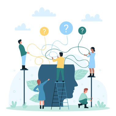 Yönlendirme sürecinin seçimi, alternatif seçenekler ve yönlendirme vektörü çizimi. Çizgi filmlerdeki küçük insanlar, gelecekle insan kafasındaki soru işaretleri arasında seçim yaparlar.