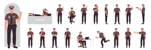 Hombre Personaje Policía Poses Dinámicas Lado Vista Frontal Trasera Set — Vector de stock