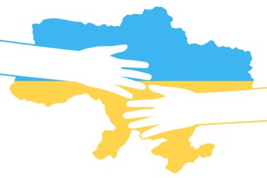 Eller haritayı sarı mavi Ukrayna bayrak çizimi ile kucaklıyor. Ukrayna 'nın zaferi, özgürlüğü ve bağımsızlığı için mücadele eden topluma destek ve yardım, Ukrayna' nın yanında yer alan insanlar