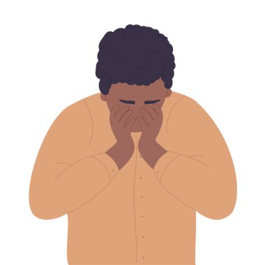 Acı çeken üzgün bir genç adam. Yüzünü tutan üzgün çocuk, depresyon problemleri vektör çizimi