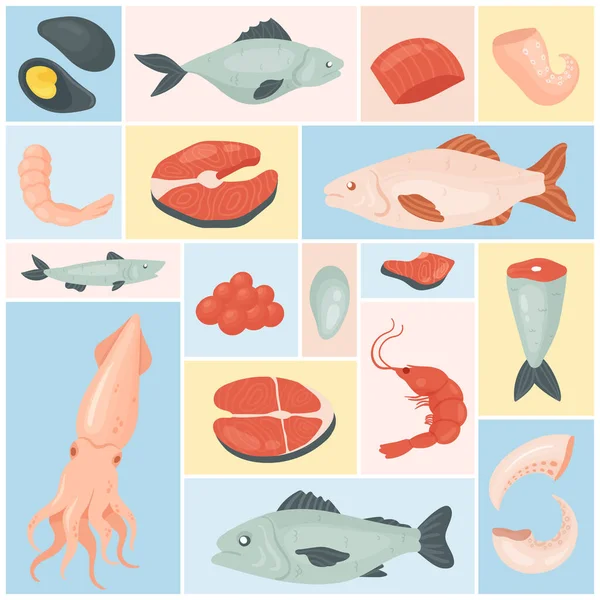 Seafood Set Restaurant Organic Menu Vector Illustration Cartoon Marine Food — ストックベクタ