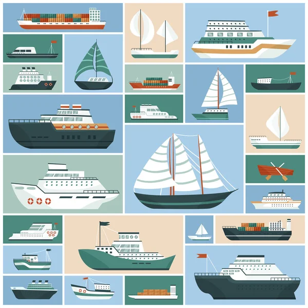 Ships Set Vector Illustration Cartoon Collection Sea Boat Yacht Cargo — Stock Vector