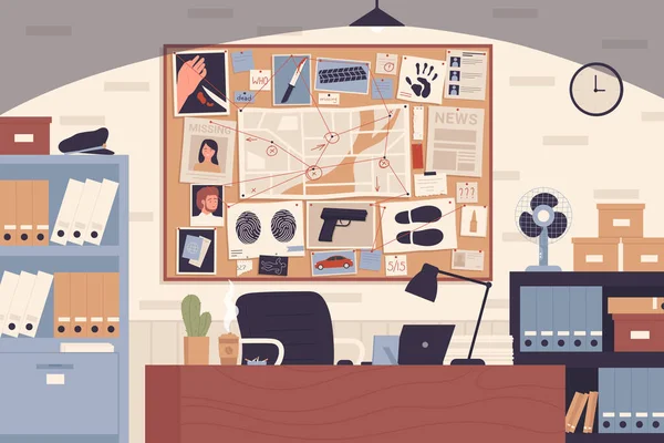 Intérieur Bureau Police Avec Illustration Vectorielle Tableau Enquête Cartoon Pinboard — Image vectorielle