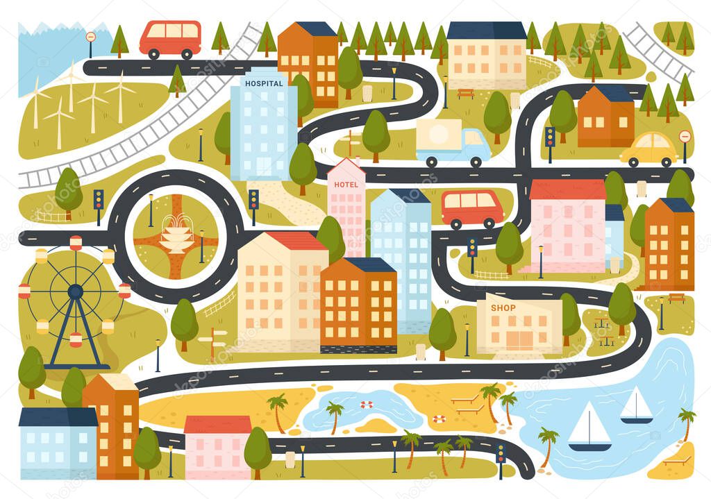 Cute city map vector illustration. Cartoon town or village plan with infrastructure, roads with transport and buildings, skyscraper of shop, hotel and hospital in fun baby landscape background