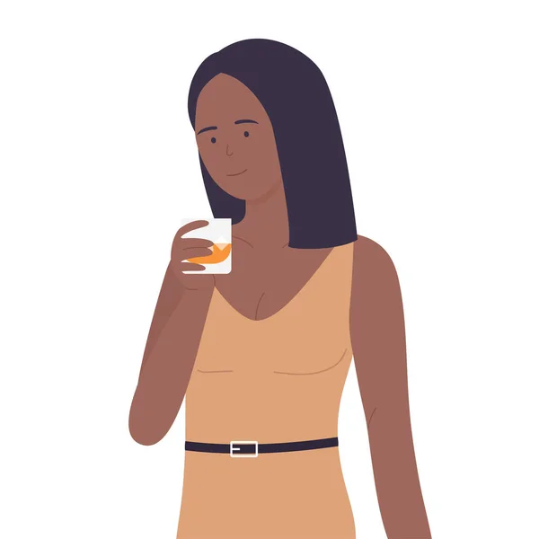 African Girl Holding Whiskey Glass Beverage Consuming Cocktails Ice Vector — Archivo Imágenes Vectoriales