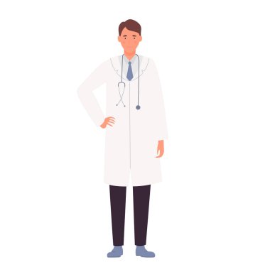 Erkek doktor pozu. Stetoskop vektör illüstrasyonlu bir tıp çalışanı.