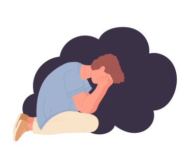 Depresyondaki mutsuz genç çocuk. Zihinsel bozukluk vektör illüstrasyonu