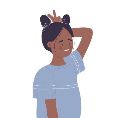 Küçük kız çılgınca bir jest yapıyor. Gülen komik çocuk kafa vektörü çiziminden iki parmak önde.