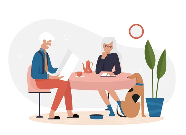 Senior Couple Having Tea Break Elderly Reading Newspaper Relaxing Vector — Vector de stock