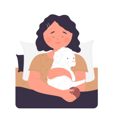 Evcil hayvanıyla gülümseyen kız. Yavru kabarık tüylü arkadaş, evcil hayvan vektörü çizimi