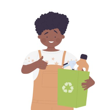 Çocuk geri dönüşüm atıkları topluyor. Ekoloji koruması, çevre dostu kampanya vektör illüstrasyonu