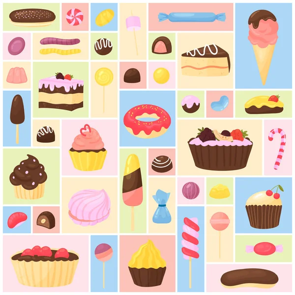 Sweet Desserts Set Vector Illustration Cartoon Confectionery Bakery Menu Collection —  Vetores de Stock