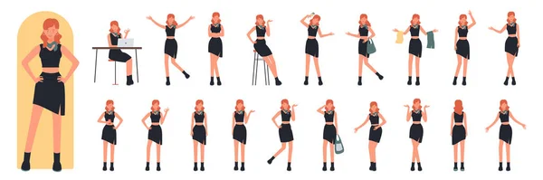 Girl Poses Set Vector Illustration Cartoon Young Beautiful Woman Stylish — Vetor de Stock