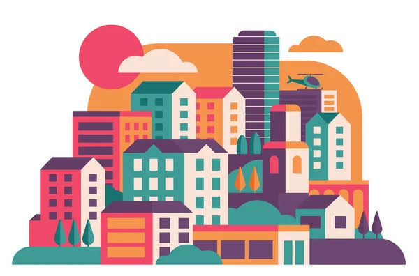 Abstract City Urban Skyline Sunset Cartoon Cityscape Red Orange Green — ストックベクタ