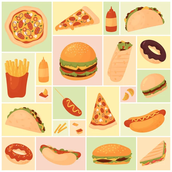 Fast Food Set Vector Illustration Cartoon Unhealthy Fastfood Snacks Menu — Stock vektor