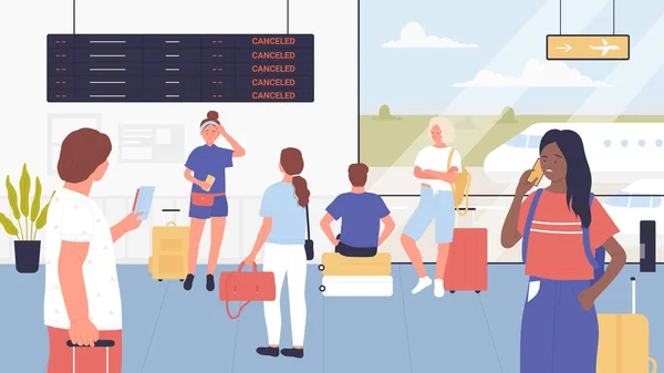 Angry Frustrated Travellers Wait Flight Airport Terminal Building Vector Illustration — Stockvektor