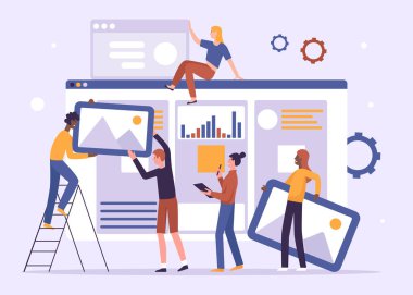 Digital content building process, marketing and programming website interface. Cartoon builders create homepage, software interface online flat vector illustration. Project, technology concept