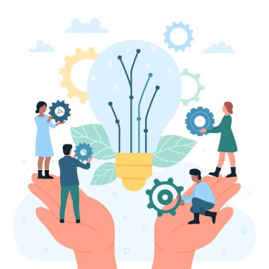 Support from leader for business team, innovation, idea development and introduction vector illustration. Cartoon big hands holding tiny people, gears and light bulb. Leadership, project concept