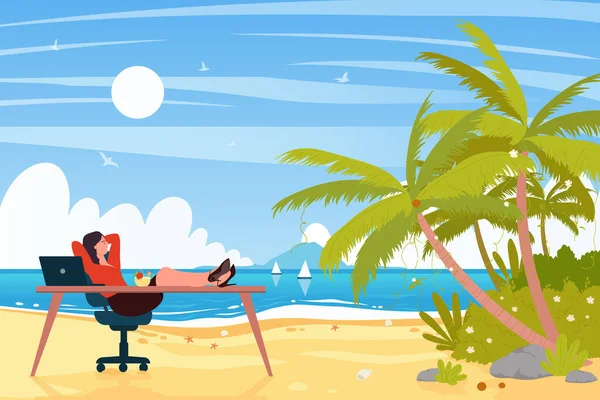 Cartoon Woman Manager Cocktail Suit Enjoy Sun Sea Sky Paradise — Vettoriale Stock