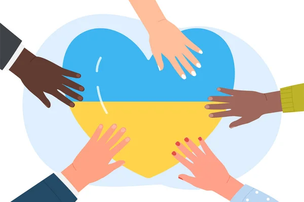 Handen Bij Elkaar Met Oekraïense Vlag Vrijwilligers Geven Ondersteuning Bijstand — Stockvector