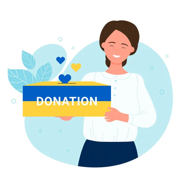 Woman Holding Yellow Blue Charity Box People Donate Give Hearts — Stock Vector