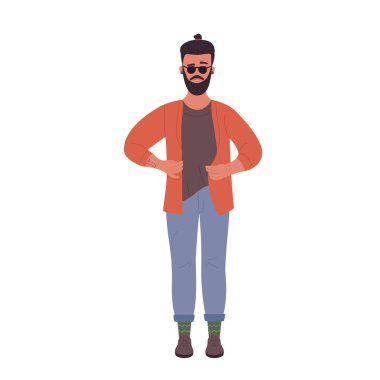 Havalı genç hippi. Sıradan kıyafet vektörü illüstrasyonunda ayakta duran şık çocuk.